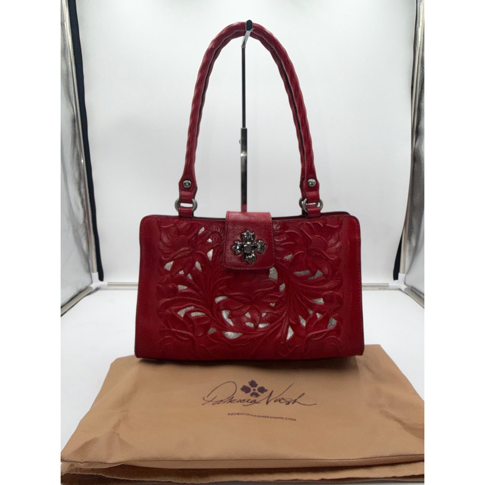 Patricia Nash Red Floral Cutout Leather Shoulder Bag